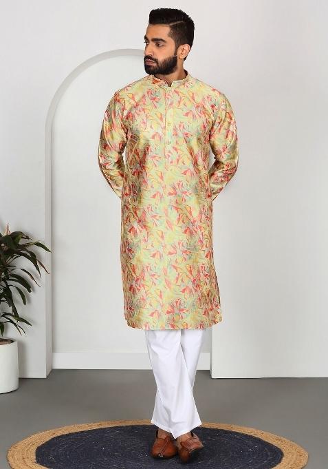 Lime Yellow Floral Silk Blend Kurta For Men