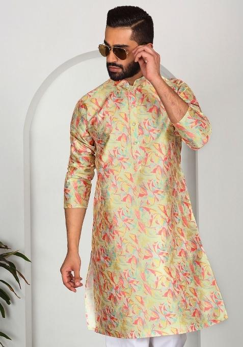 Lime Yellow Floral Silk Blend Kurta For Men