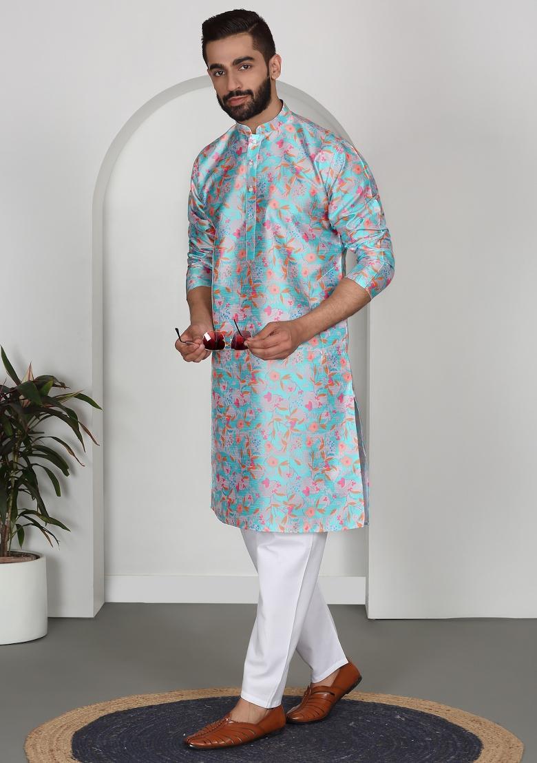 Sky Blue Floral Silk Blend Kurta For Men