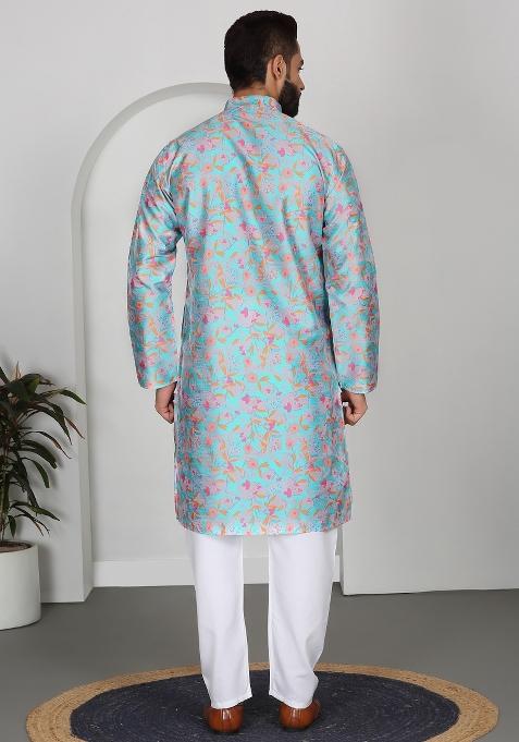 Sky Blue Floral Silk Blend Kurta For Men