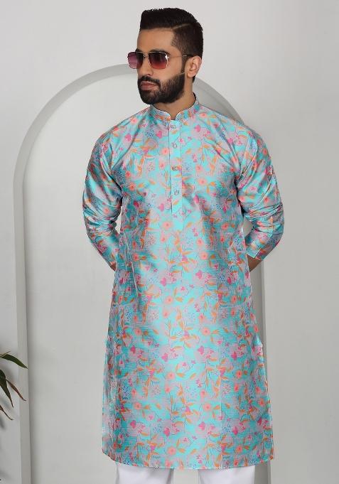 Sky Blue Floral Silk Blend Kurta For Men