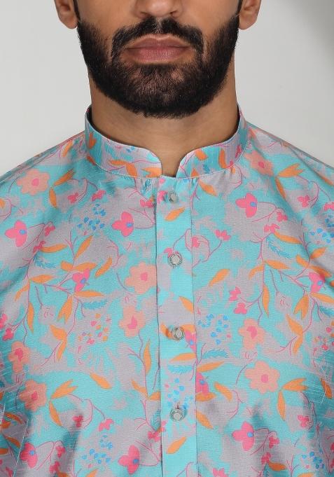 Sky Blue Floral Silk Blend Kurta For Men