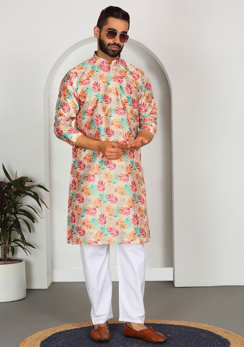 Yellow Floral Silk Blend Kurta For Men