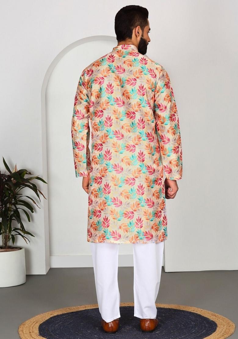 Yellow Floral Silk Blend Kurta For Men