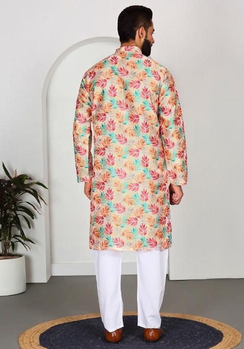 Yellow Floral Silk Blend Kurta For Men