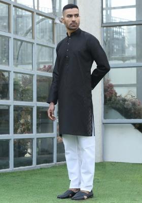 Black Woven Design Cotton Blend Kurta For Men
