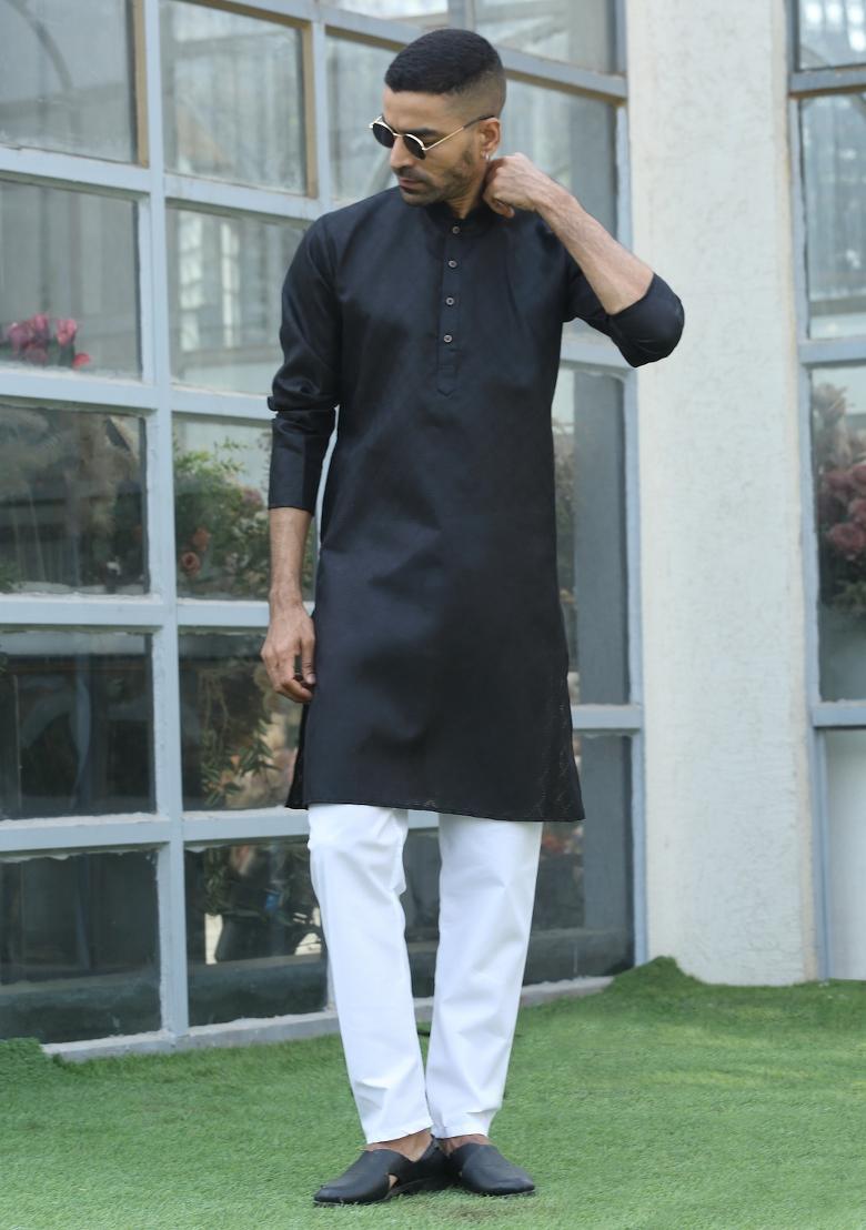 Black Woven Design Cotton Blend Kurta For Men