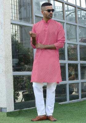 Pink Woven Design Cotton Blend Kurta For Men
