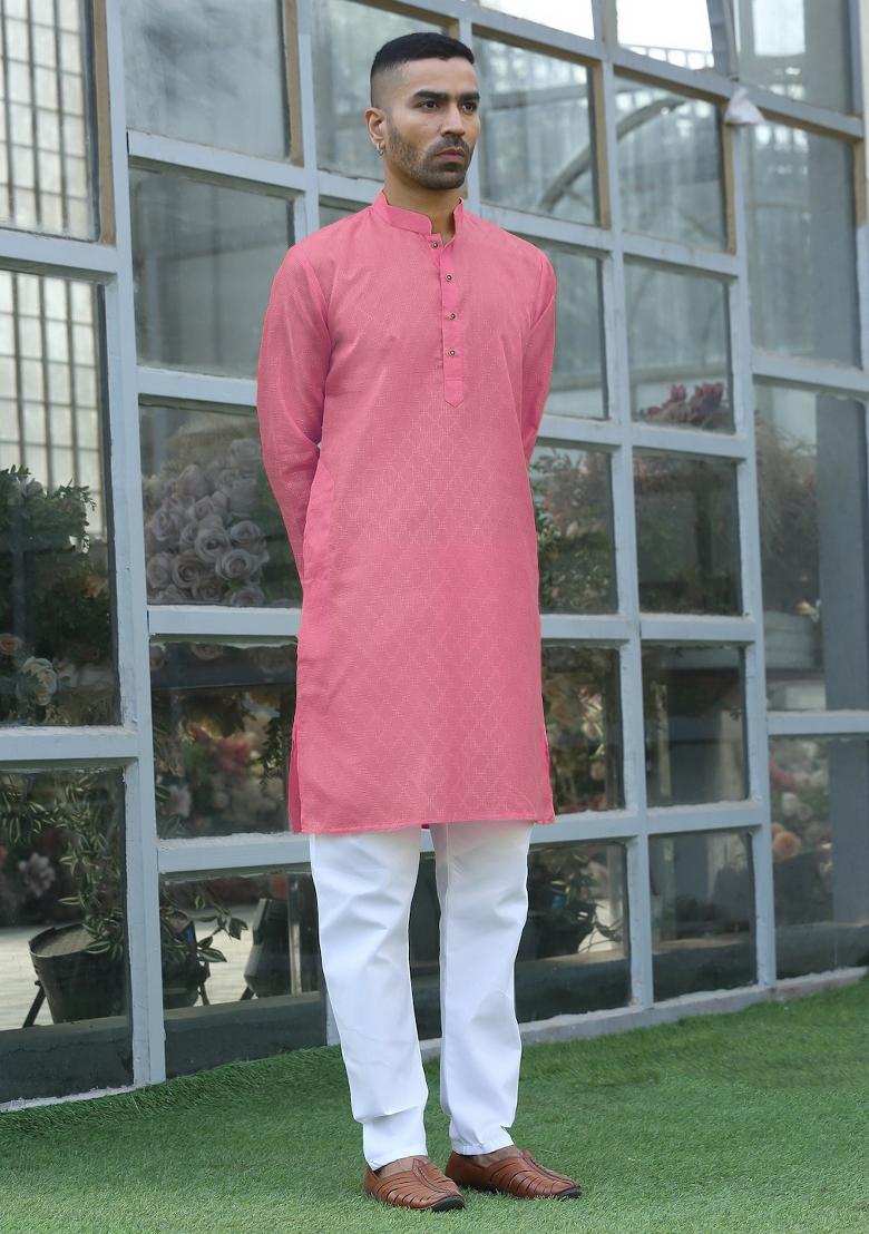 Pink Woven Design Cotton Blend Kurta For Men