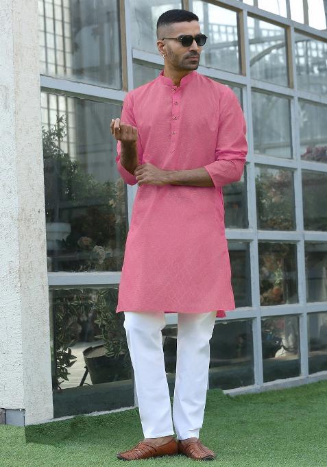 Pink Woven Design Cotton Blend Kurta For Men