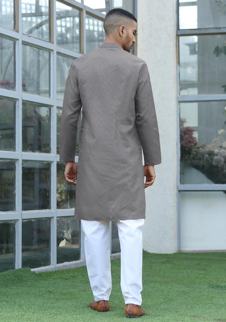 Grey Woven Design Cotton Blend Kurta For Men