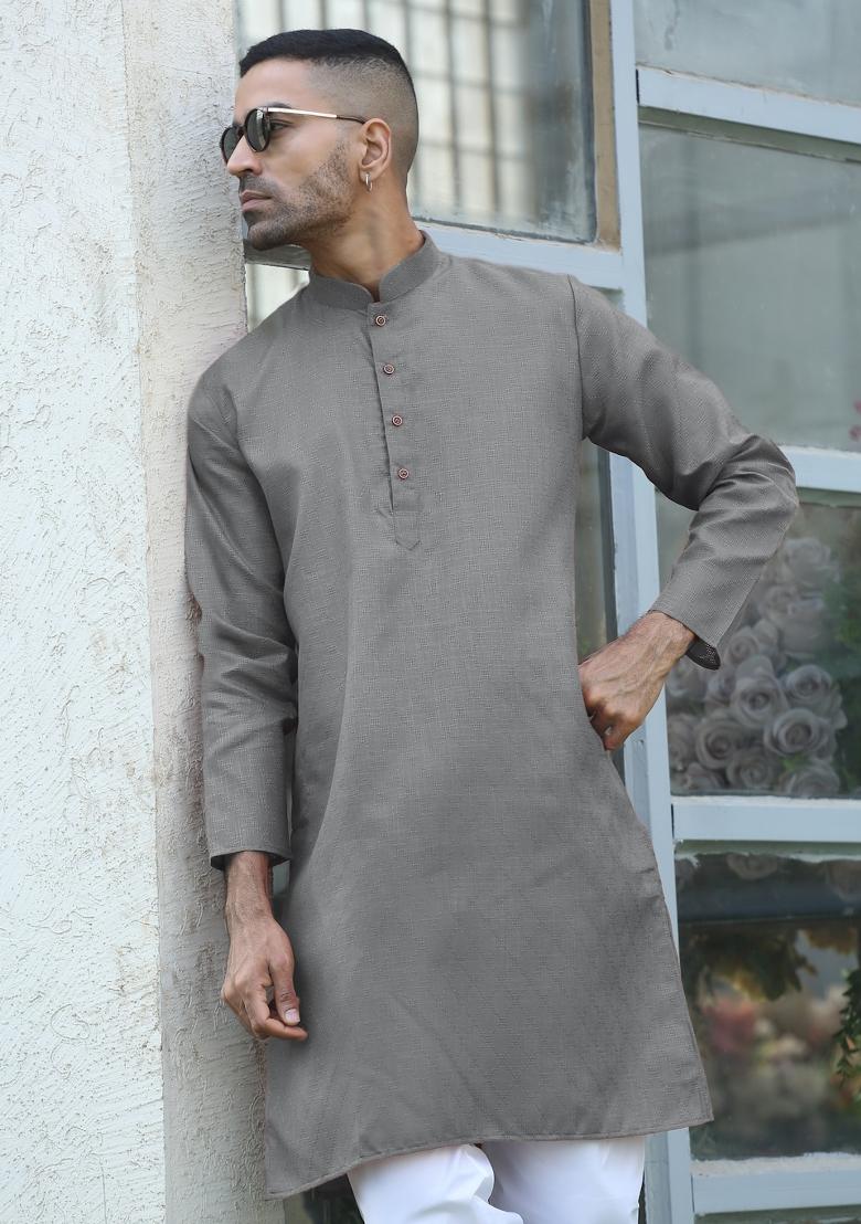 Grey Woven Design Cotton Blend Kurta For Men