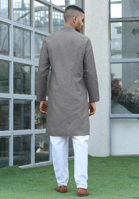 Grey Woven Design Cotton Blend Kurta For Men