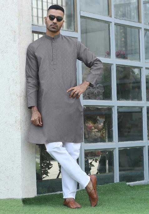 Grey Woven Design Cotton Blend Kurta For Men