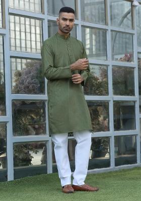 Olive Green Woven Design Cotton Blend Kurta For Men