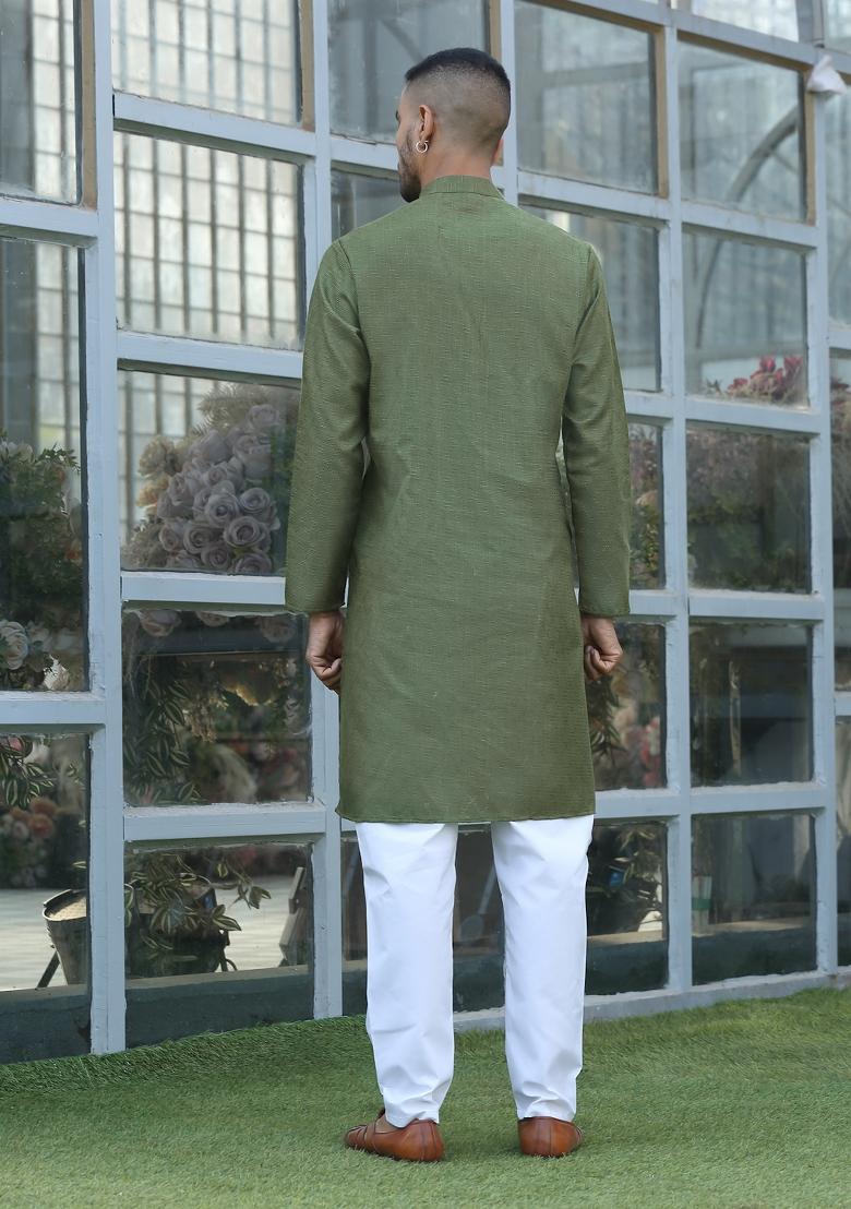 Olive Green Woven Design Cotton Blend Kurta For Men