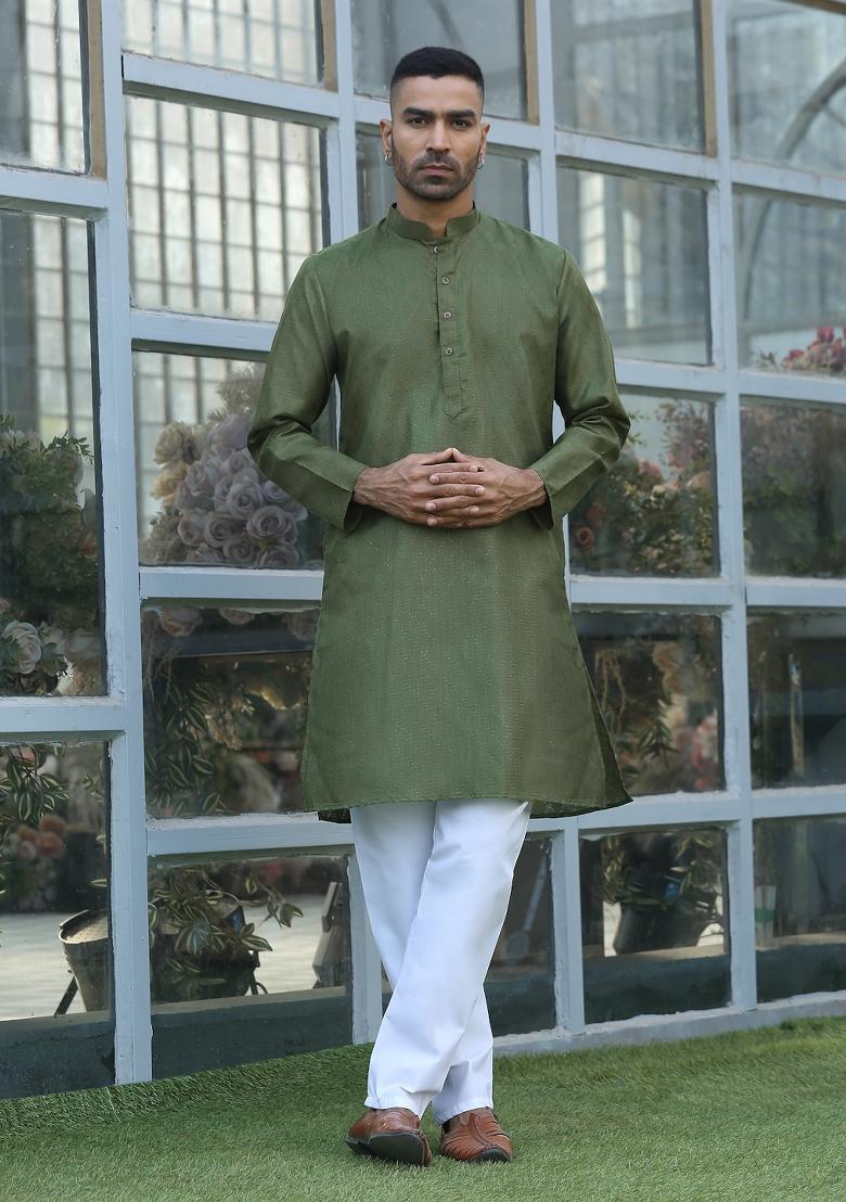 Olive Green Woven Design Cotton Blend Kurta For Men