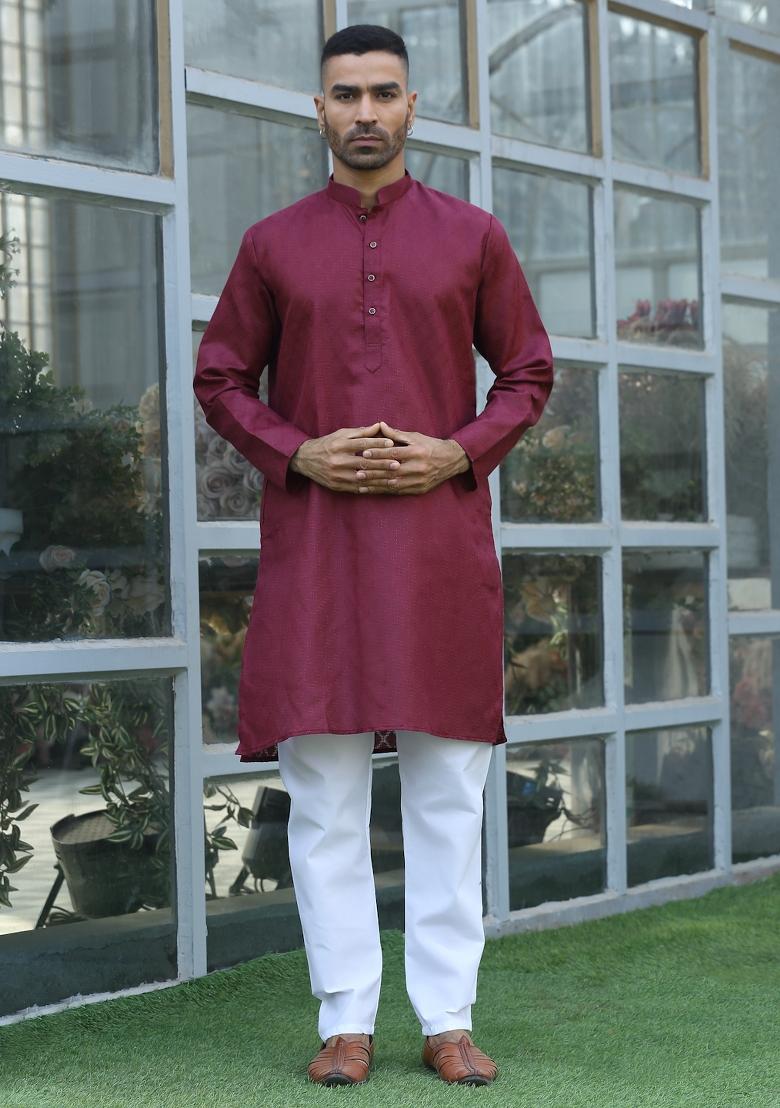Maroon Woven Design Cotton Blend Kurta For Men