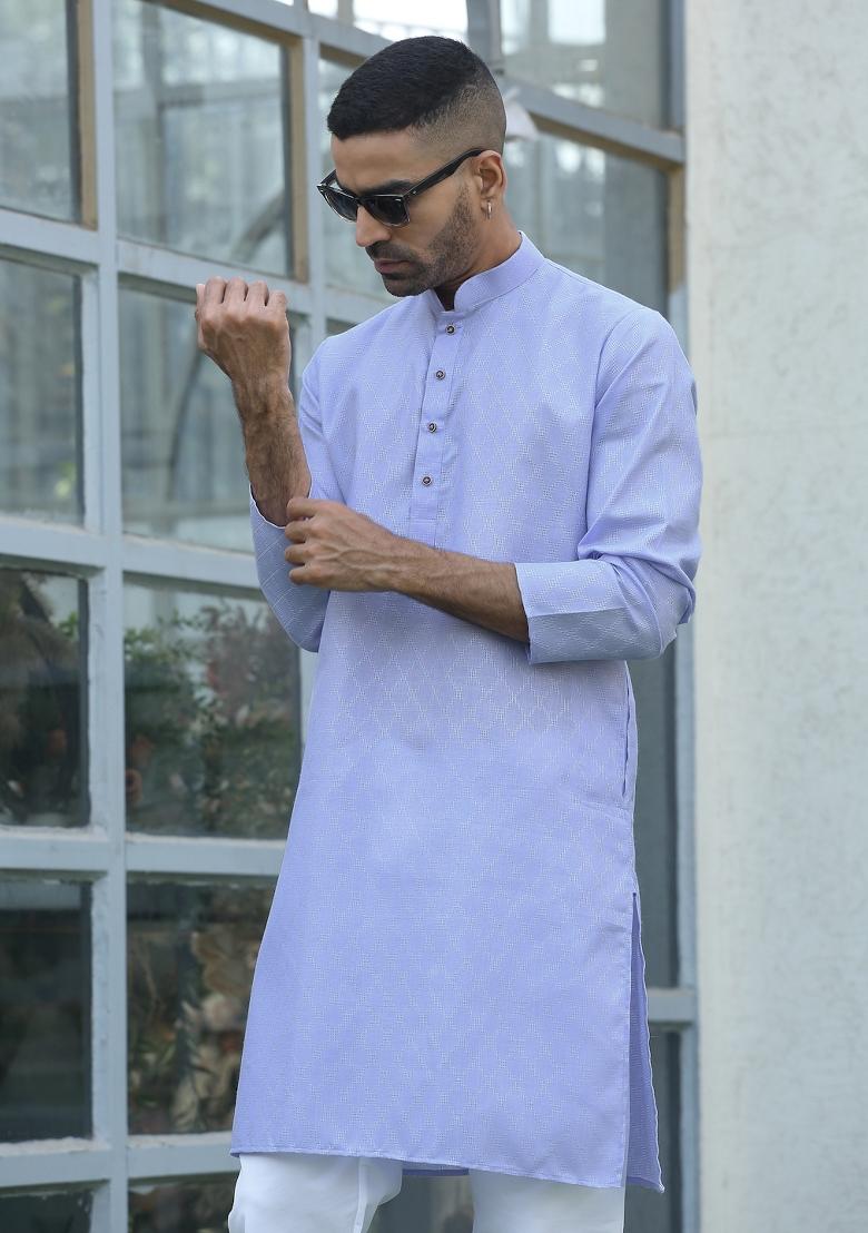 Mauve Woven Design Cotton Blend Kurta For Men