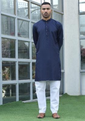 Navy Blue Woven Design Cotton Blend Kurta For Men