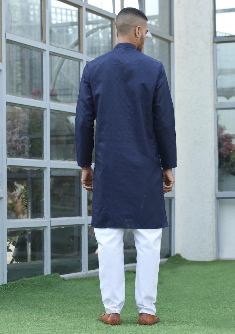 Navy Blue Woven Design Cotton Blend Kurta For Men