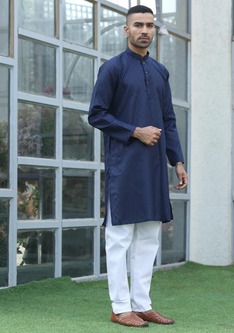 Navy Blue Woven Design Cotton Blend Kurta For Men