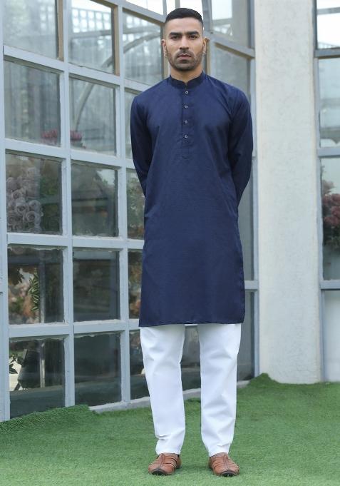 Navy Blue Woven Design Cotton Blend Kurta For Men