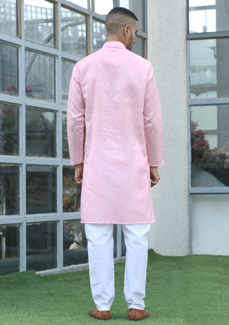 Pink Woven Design Cotton Blend Kurta For Men