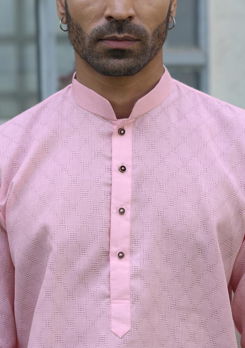 Pink Woven Design Cotton Blend Kurta For Men