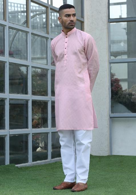 Pink Woven Design Cotton Blend Kurta For Men