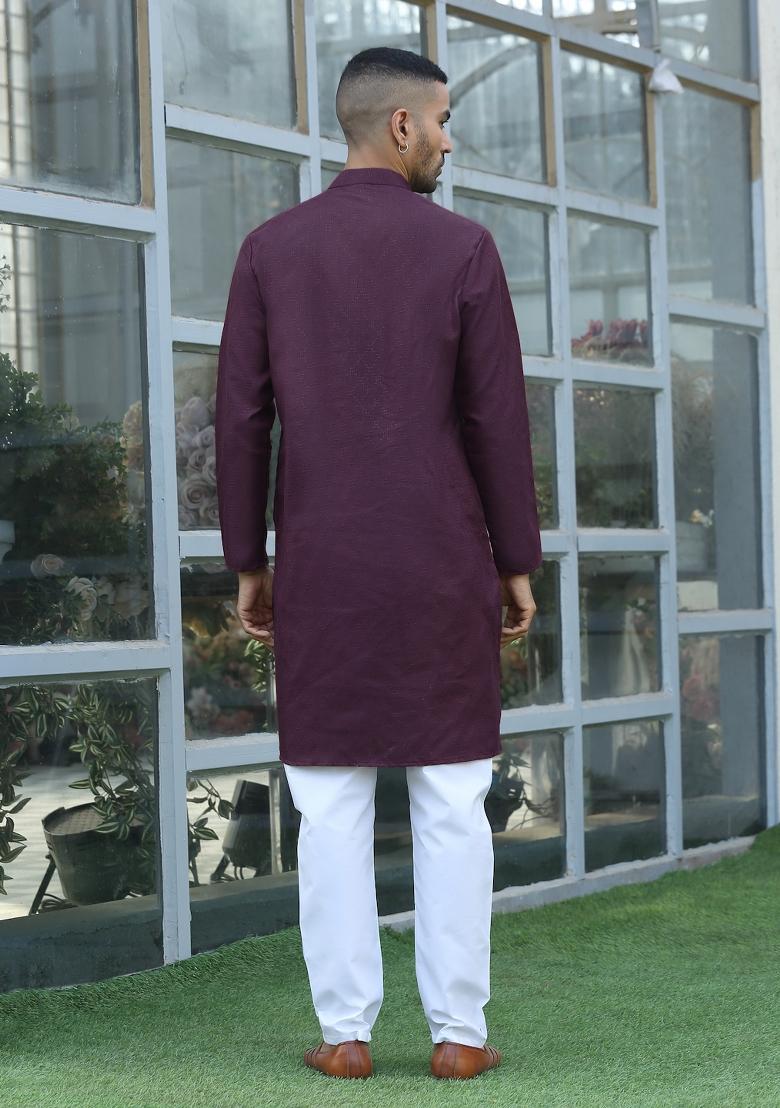 Purple Woven Design Cotton Blend Kurta For Men