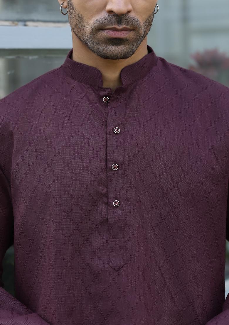 Purple Woven Design Cotton Blend Kurta For Men