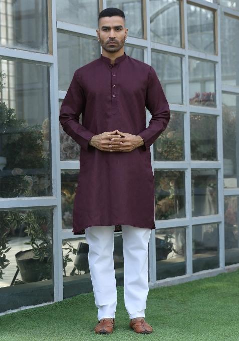 Purple Woven Design Cotton Blend Kurta For Men