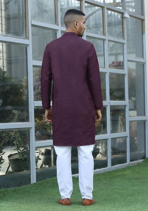 Purple Woven Design Cotton Blend Kurta For Men
