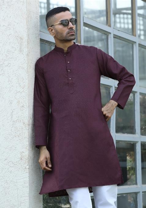 Purple Woven Design Cotton Blend Kurta For Men
