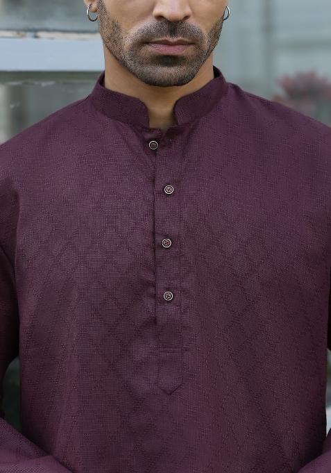 Purple Woven Design Cotton Blend Kurta For Men