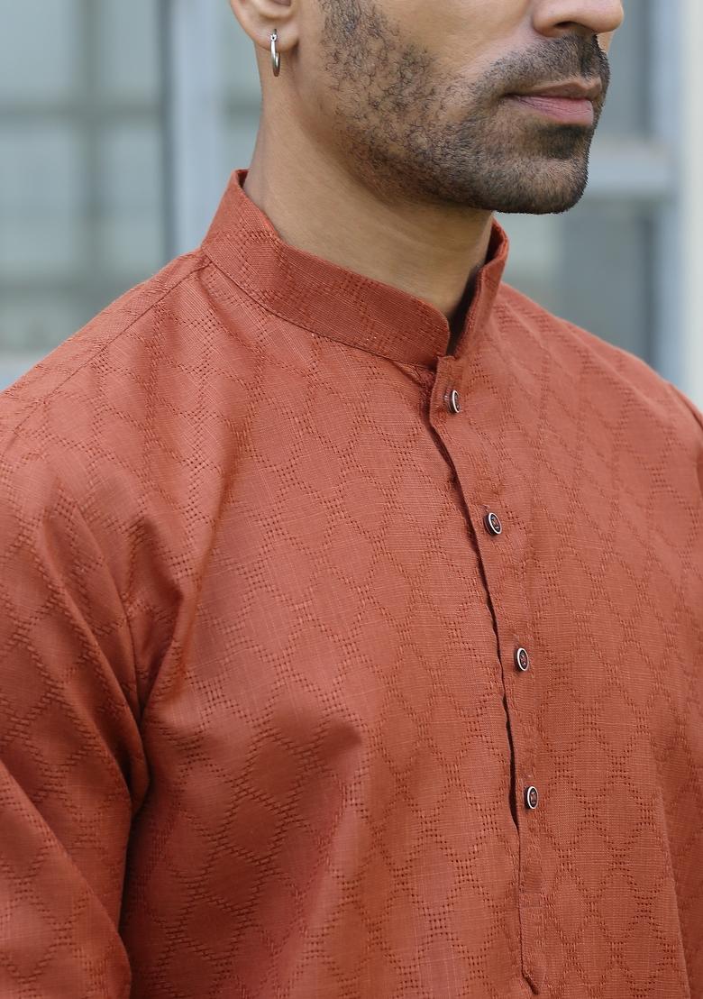 Rust Brown Woven Design Cotton Blend Kurta For Men