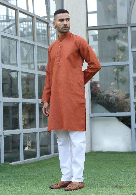Rust Brown Woven Design Cotton Blend Kurta For Men