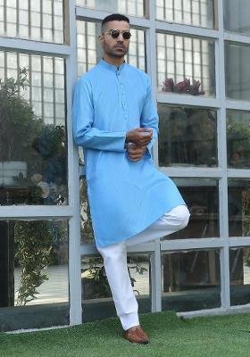 Sky Blue Woven Design Cotton Blend Kurta For Men