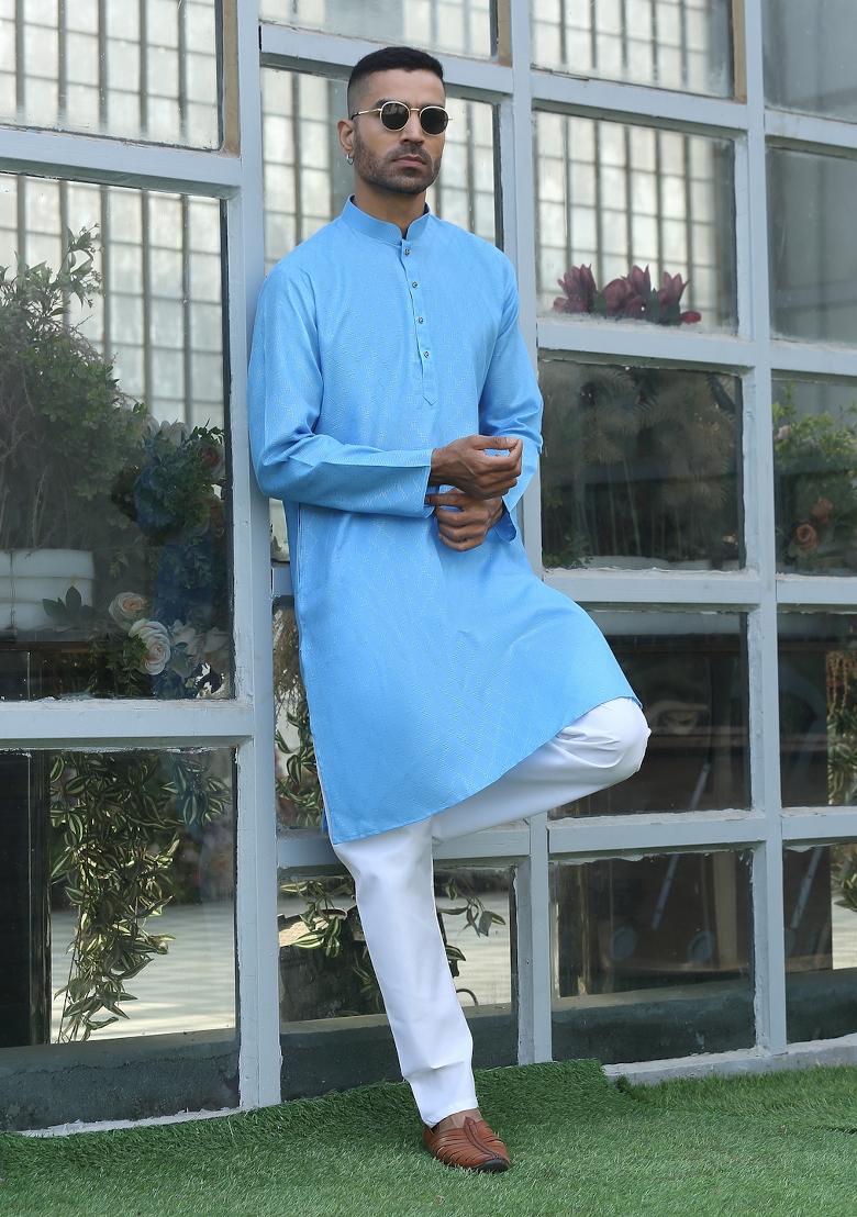 Sky Blue Woven Design Cotton Blend Kurta For Men