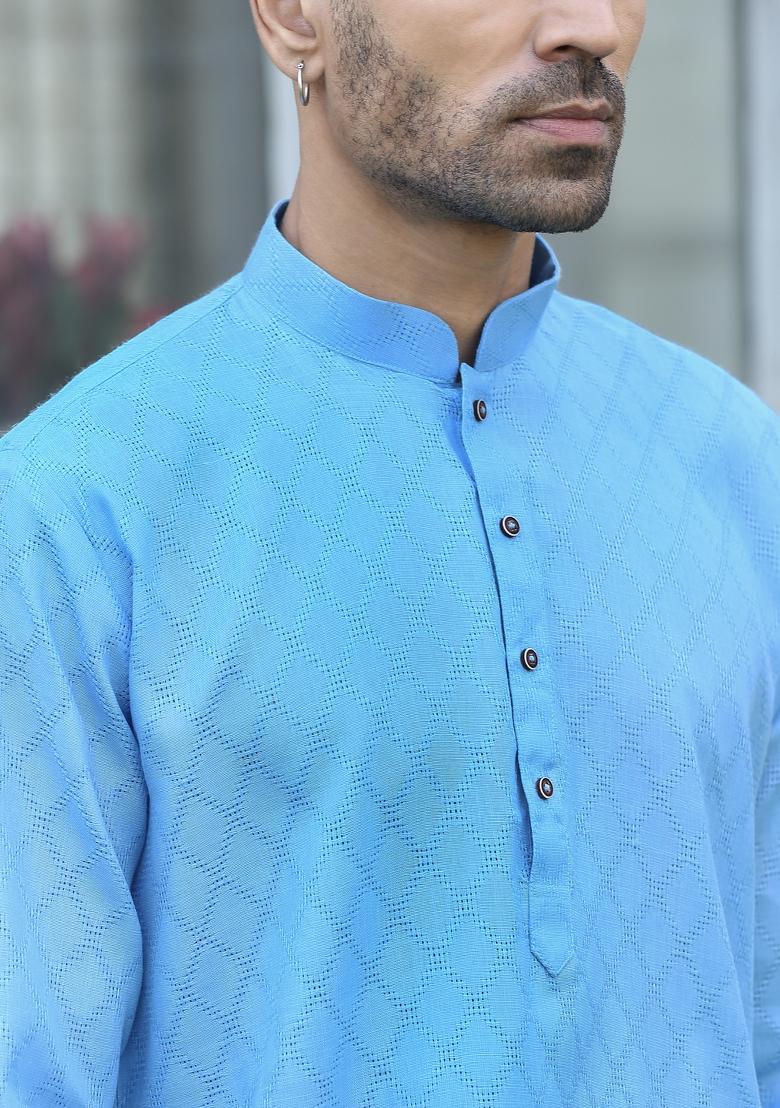 Sky Blue Woven Design Cotton Blend Kurta For Men