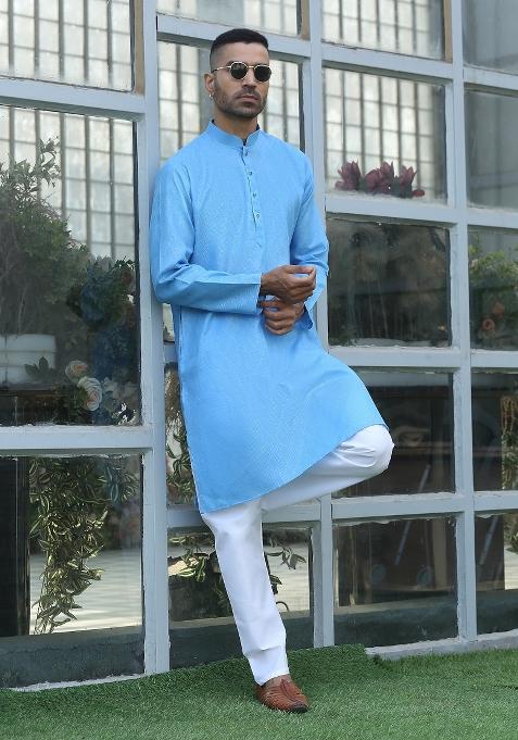 Sky Blue Woven Design Cotton Blend Kurta For Men