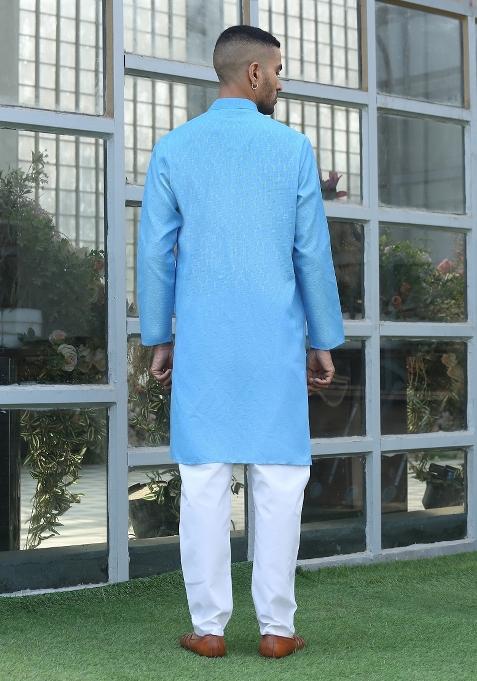 Sky Blue Woven Design Cotton Blend Kurta For Men