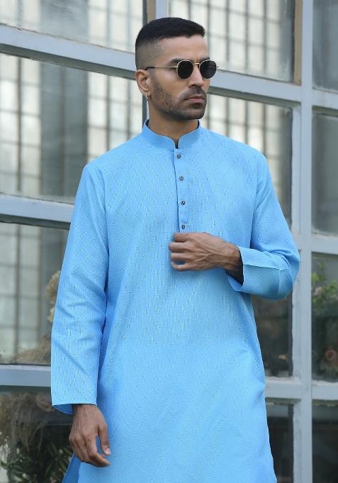 Sky Blue Woven Design Cotton Blend Kurta For Men