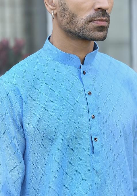 Sky Blue Woven Design Cotton Blend Kurta For Men