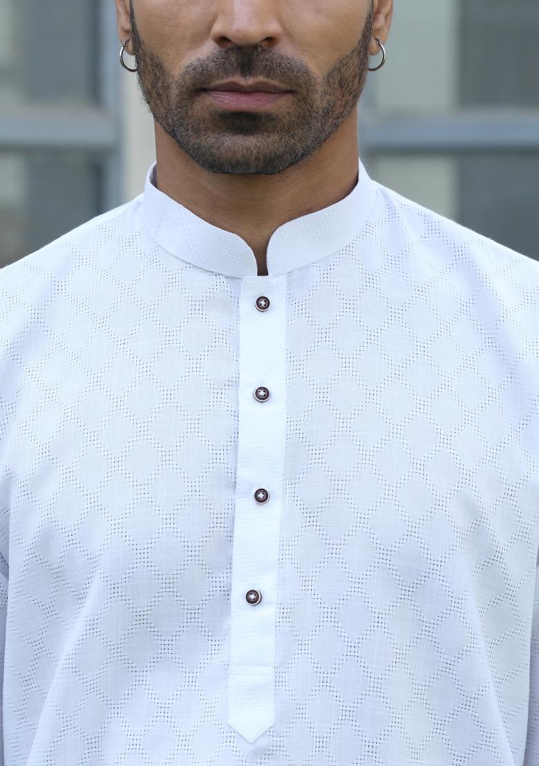 White Woven Design Cotton Blend Kurta For Men
