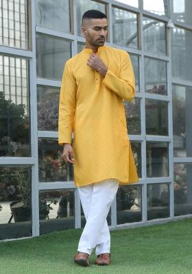 Yellow Woven Design Cotton Blend Kurta For Men