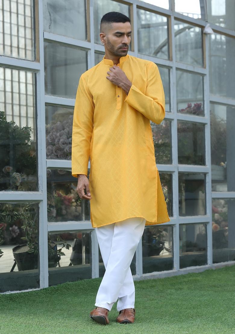 Yellow Woven Design Cotton Blend Kurta For Men
