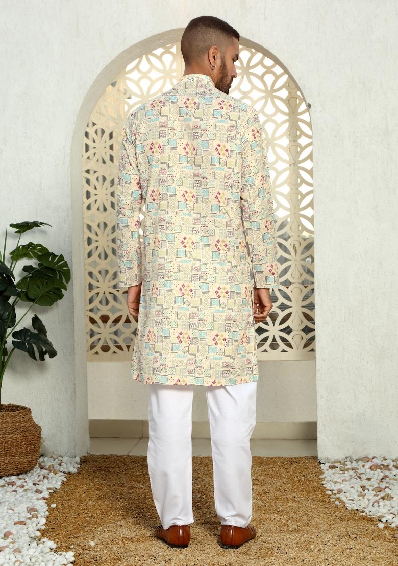 Beige Abstract Cotton Kurta For Men