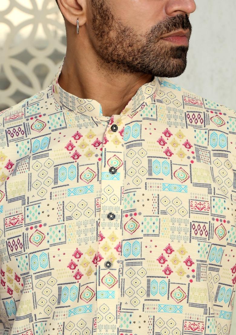 Beige Abstract Cotton Kurta For Men